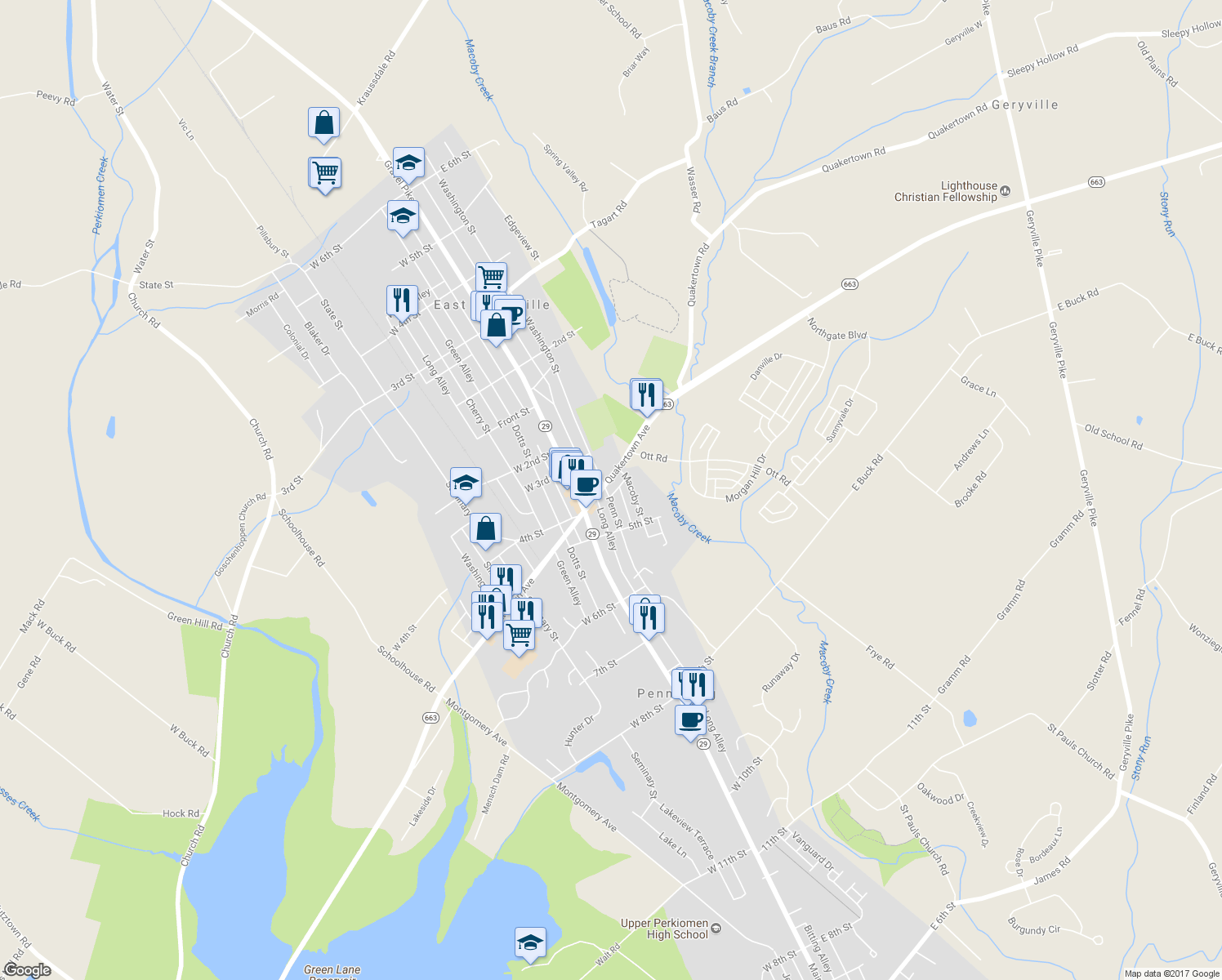 map of restaurants, bars, coffee shops, grocery stores, and more near 100 Quakertown Avenue in Pennsburg