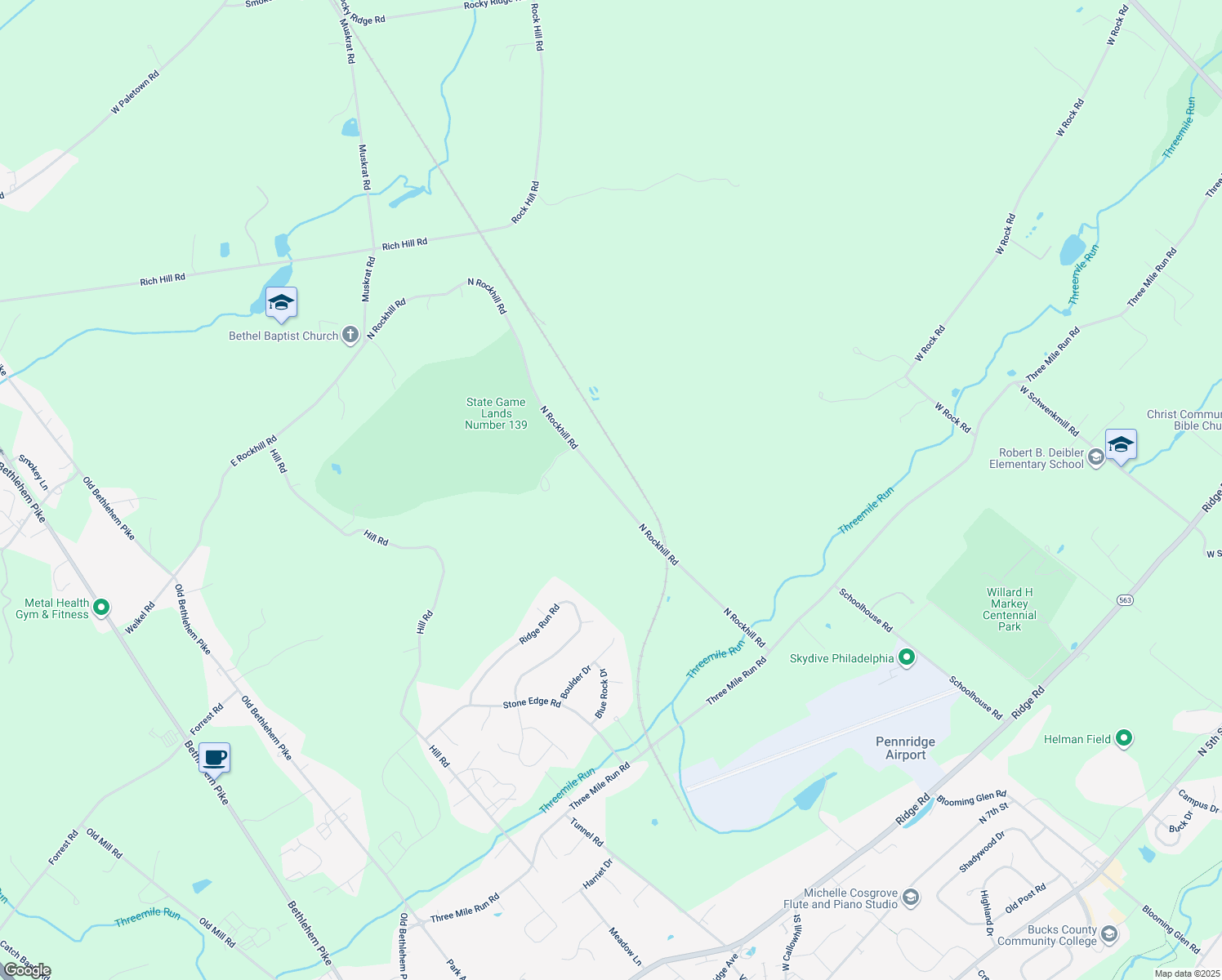 map of restaurants, bars, coffee shops, grocery stores, and more near 2000 North Rockhill Road in Sellersville
