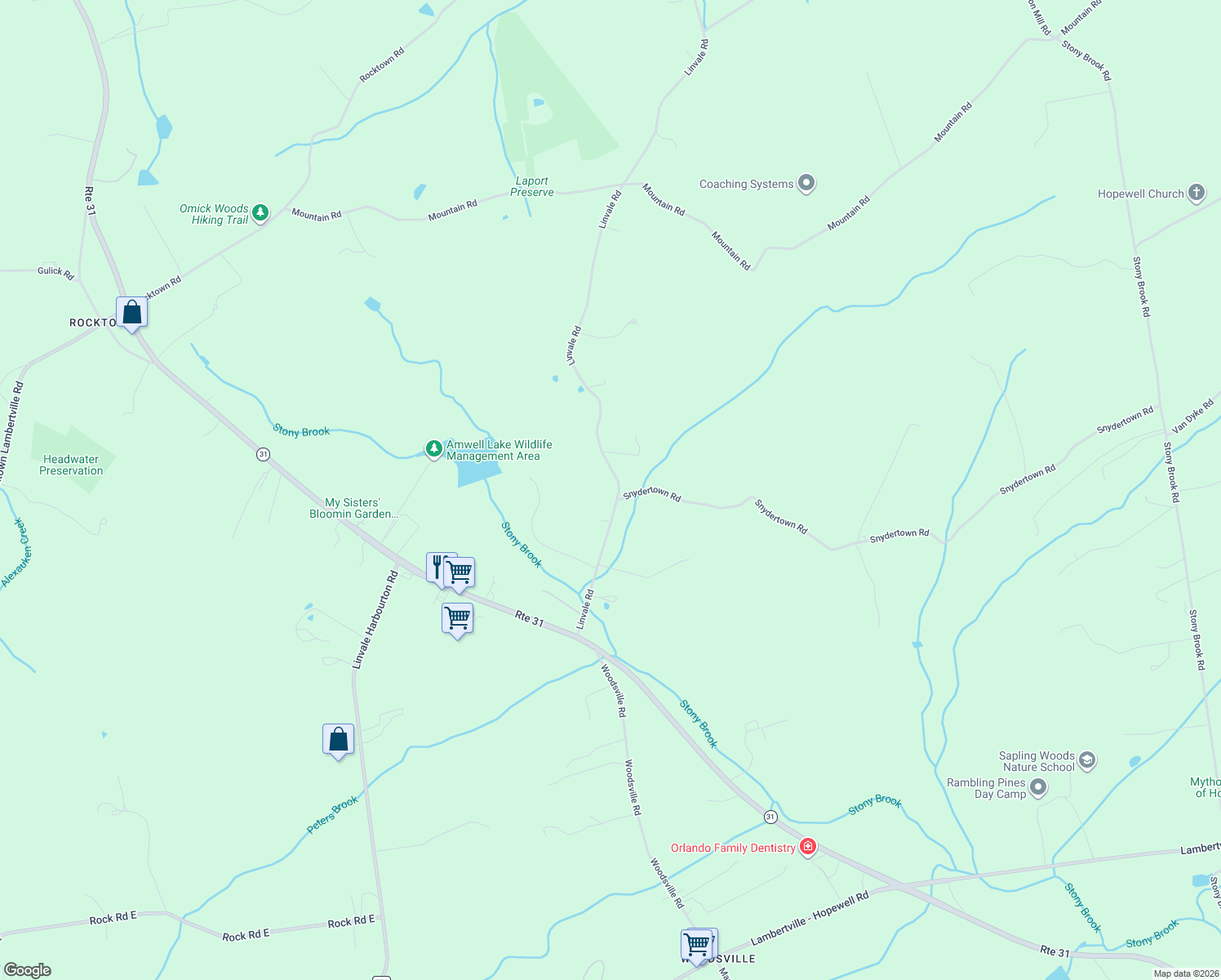 map of restaurants, bars, coffee shops, grocery stores, and more near 110 Linvale Road in East Amwell Township