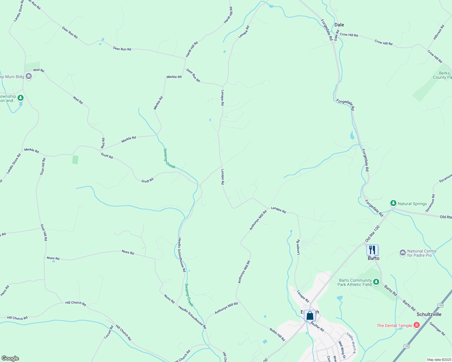 map of restaurants, bars, coffee shops, grocery stores, and more near 317 Lenape Road in Bechtelsville
