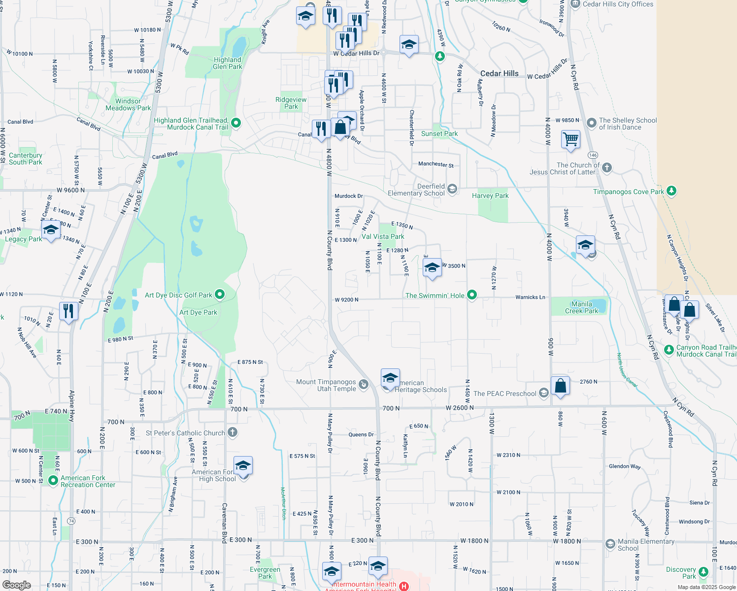 map of restaurants, bars, coffee shops, grocery stores, and more near 1069 East 1100 North in American Fork