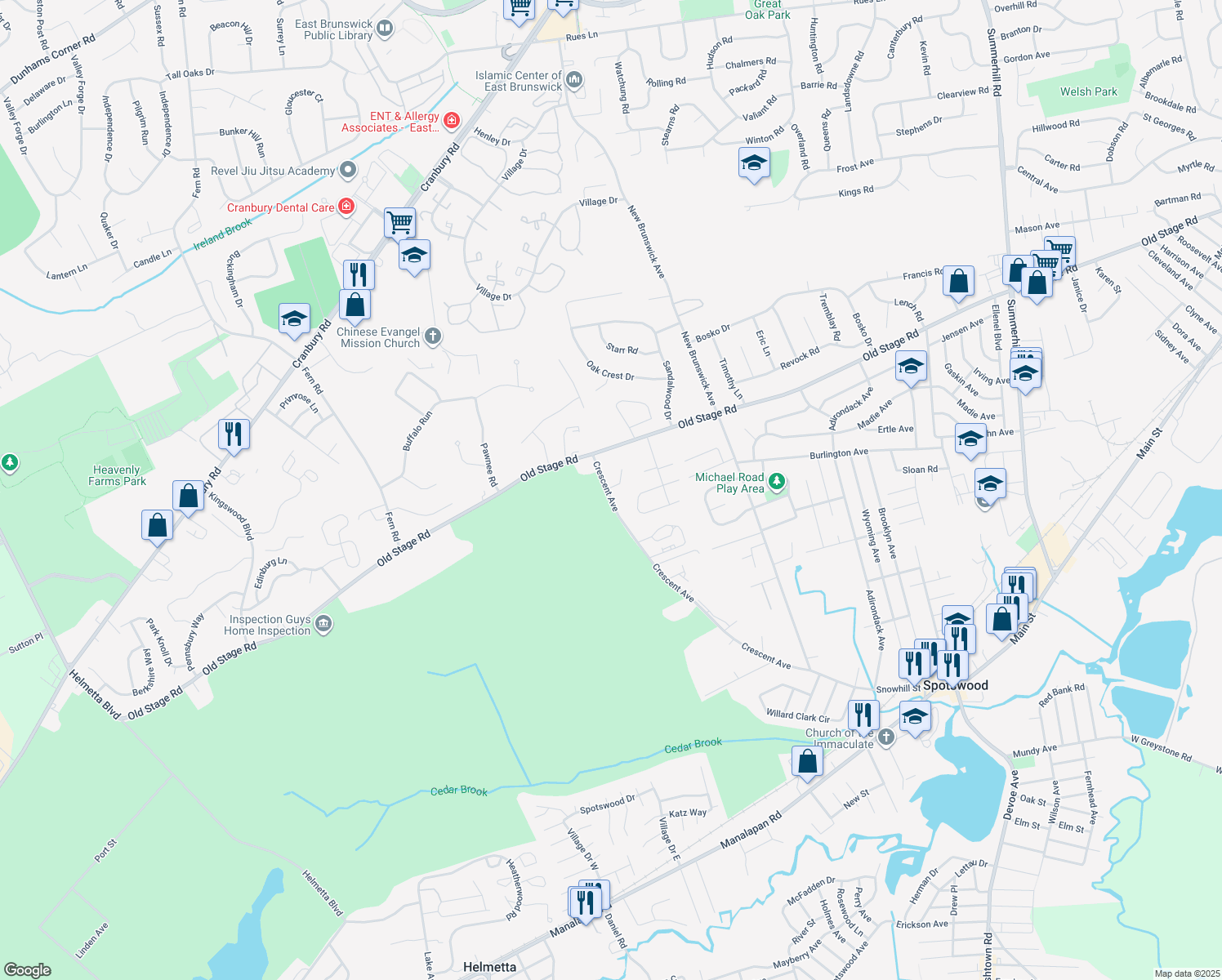 map of restaurants, bars, coffee shops, grocery stores, and more near 5 Butterfly Lane in Spotswood