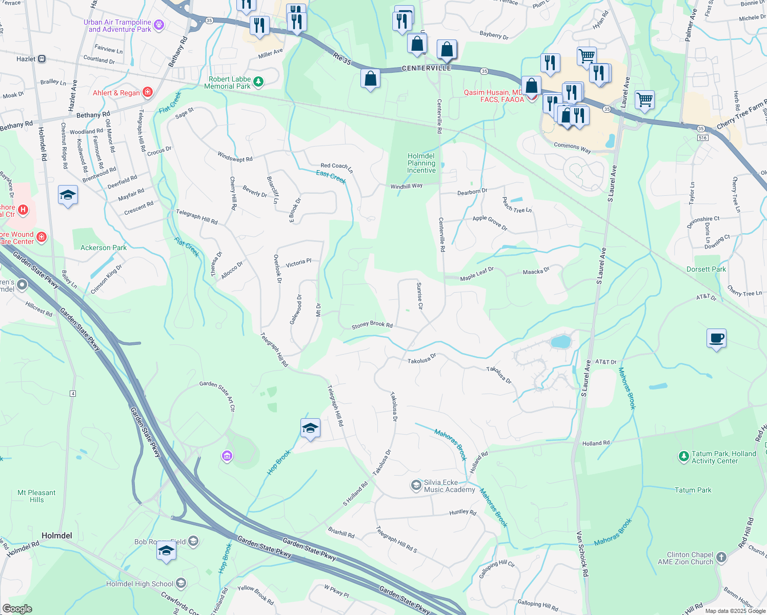 map of restaurants, bars, coffee shops, grocery stores, and more near 6 Sugar Lane in Holmdel