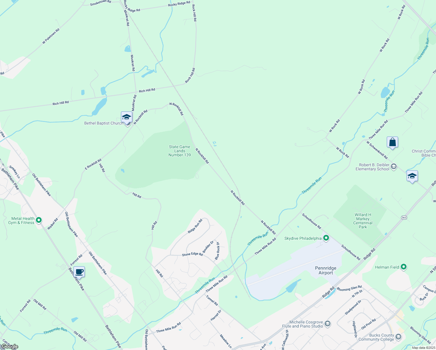 map of restaurants, bars, coffee shops, grocery stores, and more near 2014 North Rockhill Road in Sellersville
