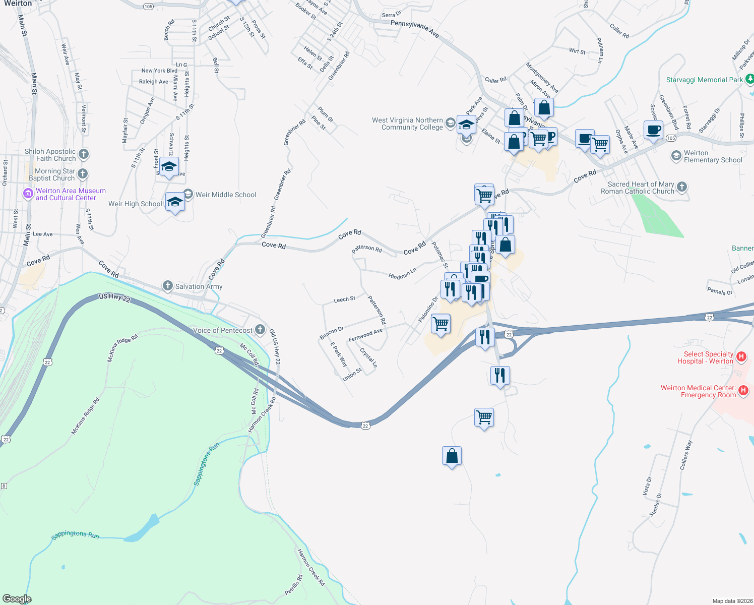 map of restaurants, bars, coffee shops, grocery stores, and more near 173 Patterson Rd in Weirton