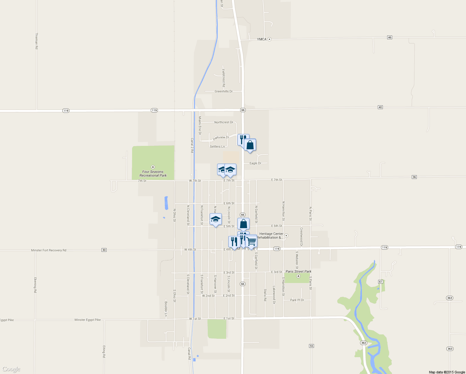 map of restaurants, bars, coffee shops, grocery stores, and more near 272 North Lincoln Street in Minster