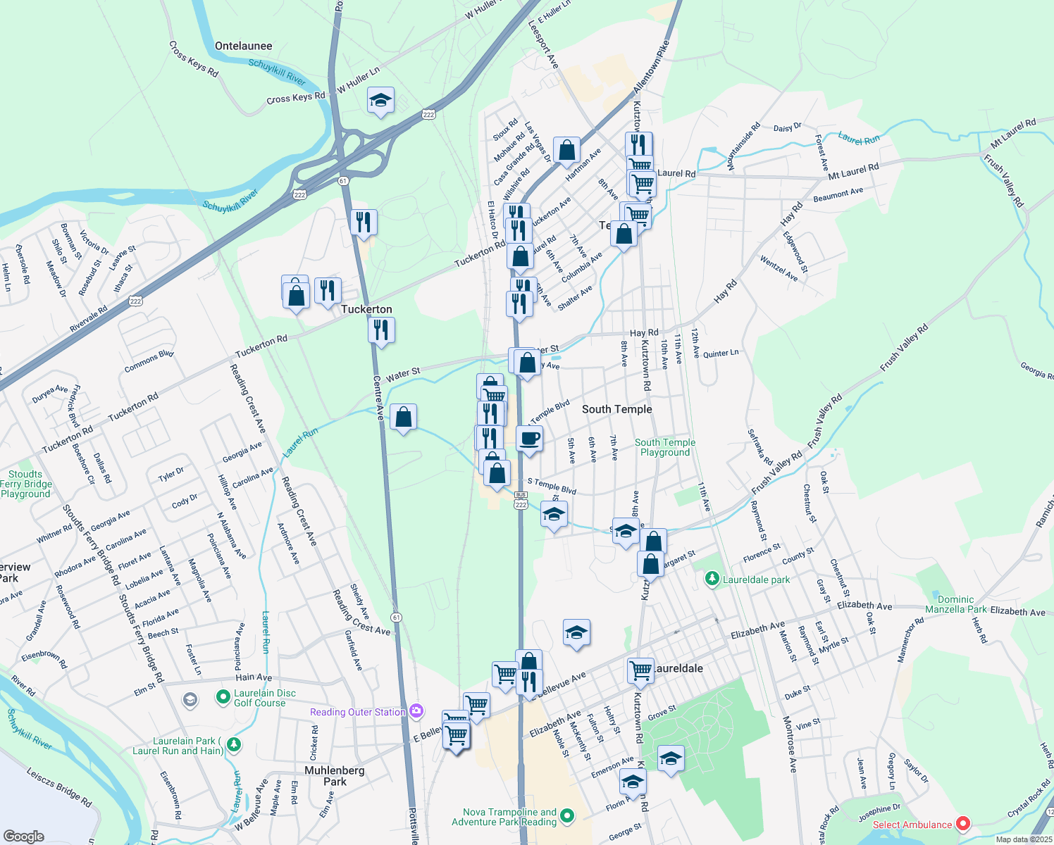 map of restaurants, bars, coffee shops, grocery stores, and more near 301 North Temple Boulevard in Temple