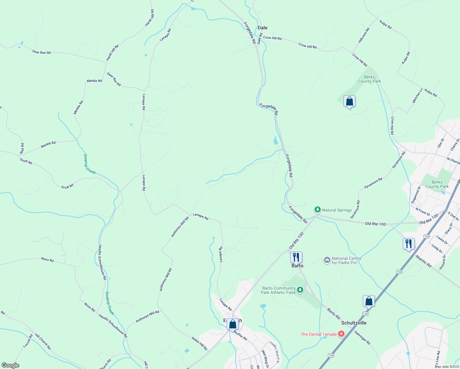 map of restaurants, bars, coffee shops, grocery stores, and more near 114 Anthonys Mill Road in Barto