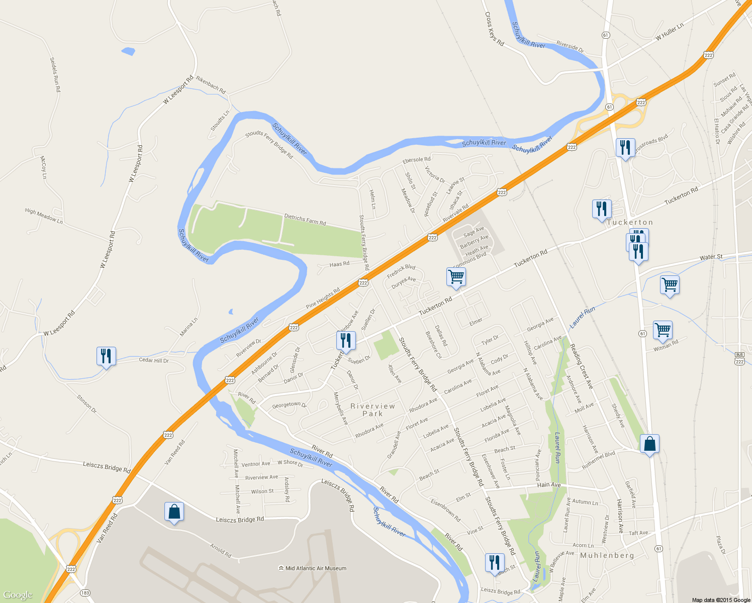 map of restaurants, bars, coffee shops, grocery stores, and more near 801 Suellen Drive in Reading