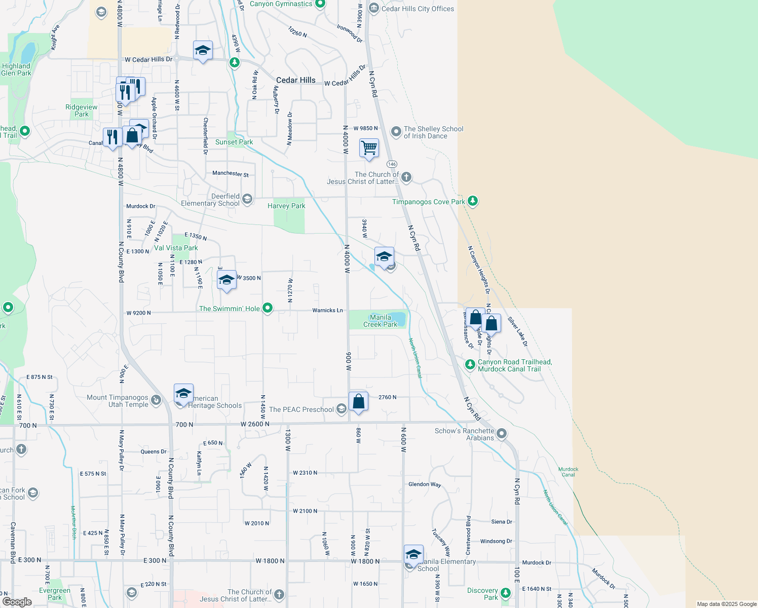 map of restaurants, bars, coffee shops, grocery stores, and more near 706 West 3300 North in Pleasant Grove