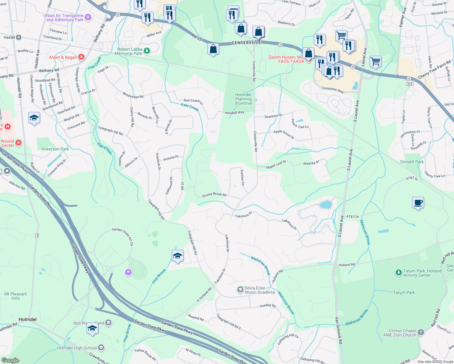 map of restaurants, bars, coffee shops, grocery stores, and more near 6 Sugar Lane in Holmdel