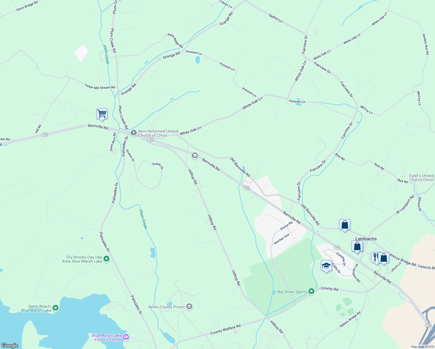 map of restaurants, bars, coffee shops, grocery stores, and more near 3036 Bernville Road in Leesport