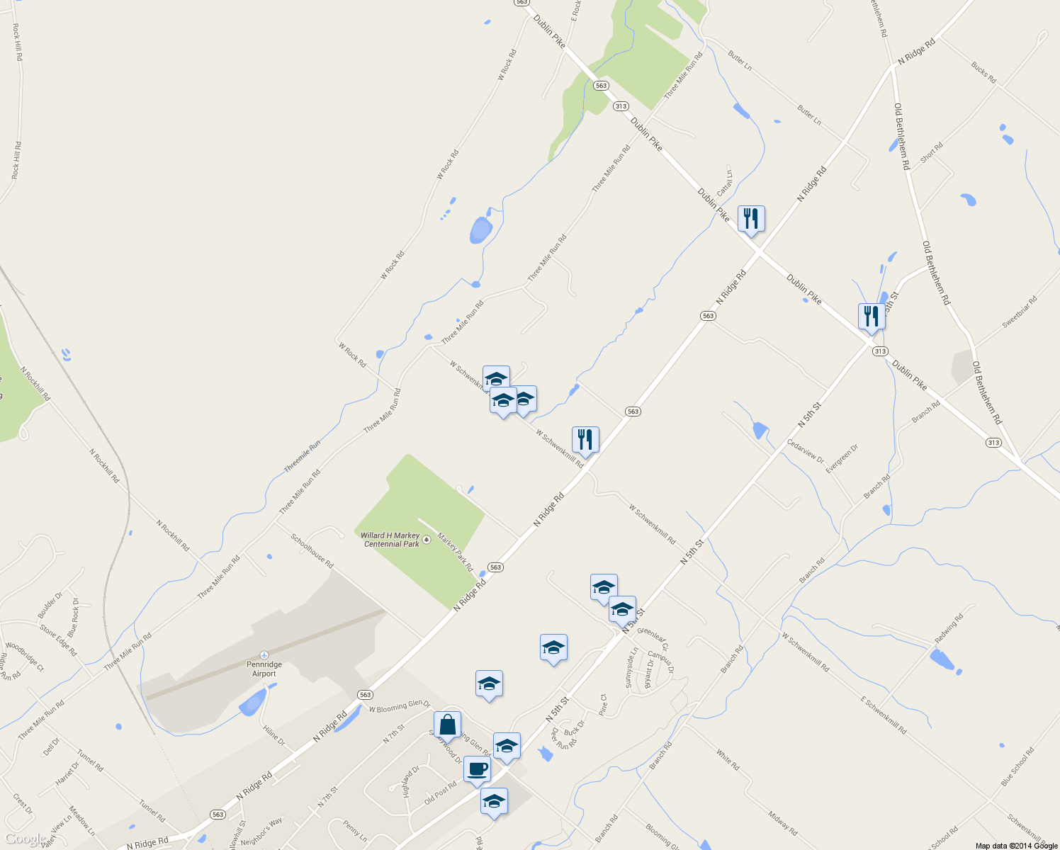 map of restaurants, bars, coffee shops, grocery stores, and more near 1109 West Schwenkmill Road in Perkasie