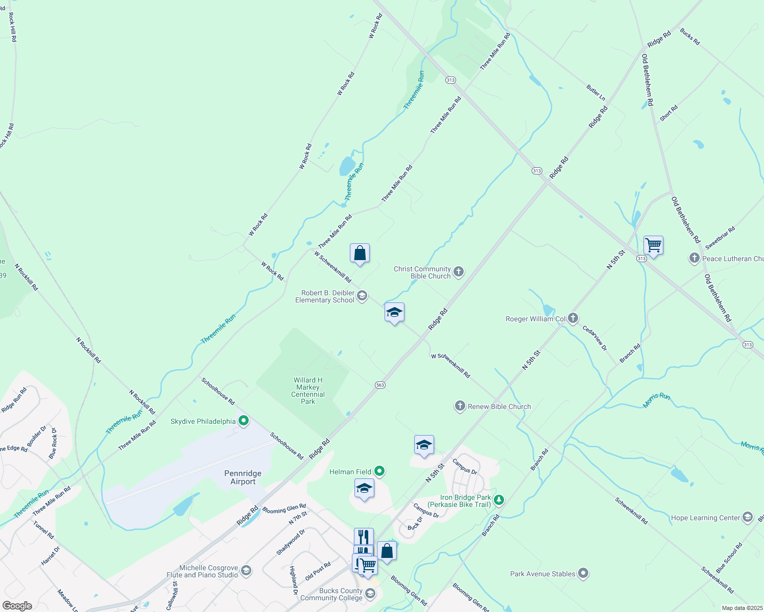 map of restaurants, bars, coffee shops, grocery stores, and more near 1113 West Schwenkmill Road in Perkasie