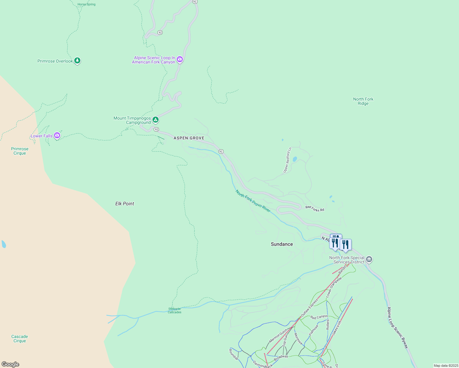 map of restaurants, bars, coffee shops, grocery stores, and more near 9271 North Mile 23 Lane in Sundance