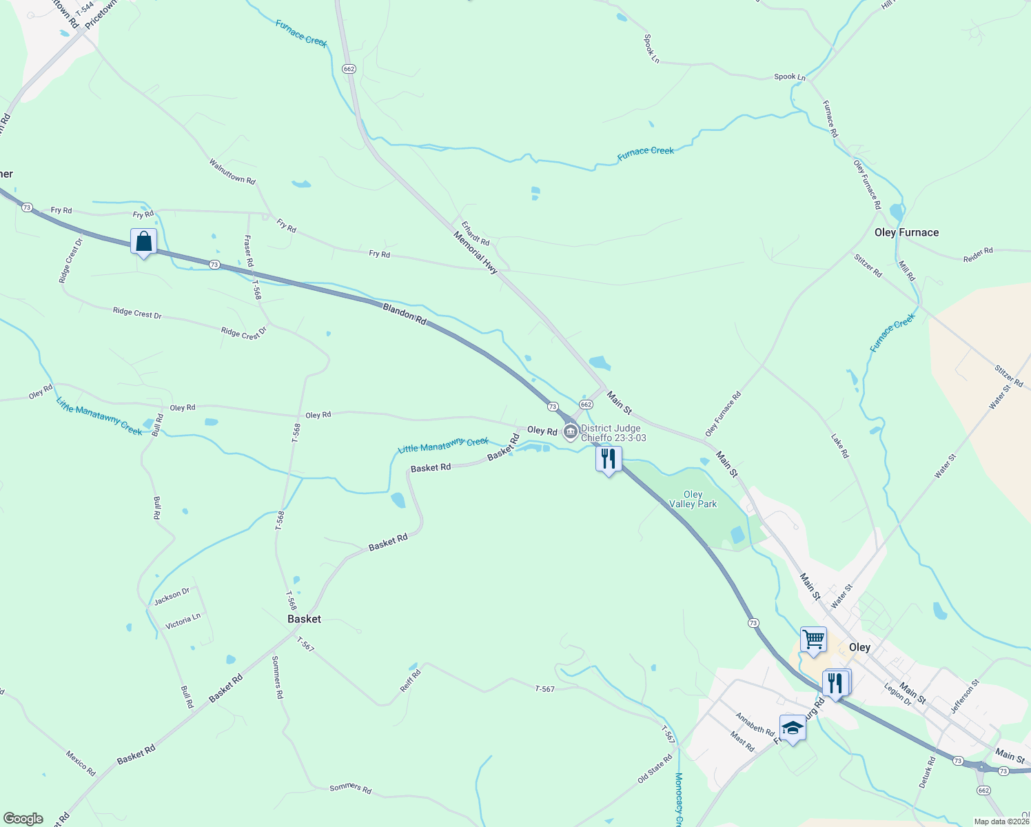 map of restaurants, bars, coffee shops, grocery stores, and more near 557 Oley Road in Oley