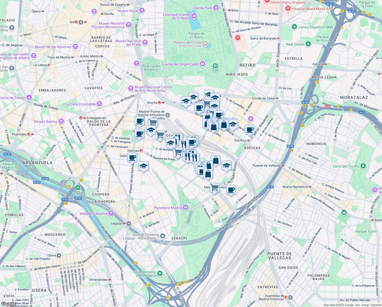 map of restaurants, bars, coffee shops, grocery stores, and more near 31 Calle de Méndez Álvaro in Madrid