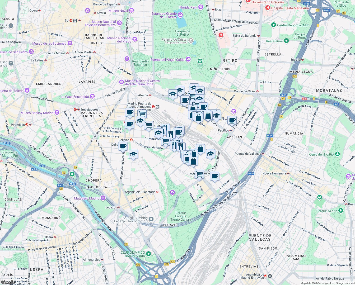 map of restaurants, bars, coffee shops, grocery stores, and more near 31 Calle de Méndez Álvaro in Madrid