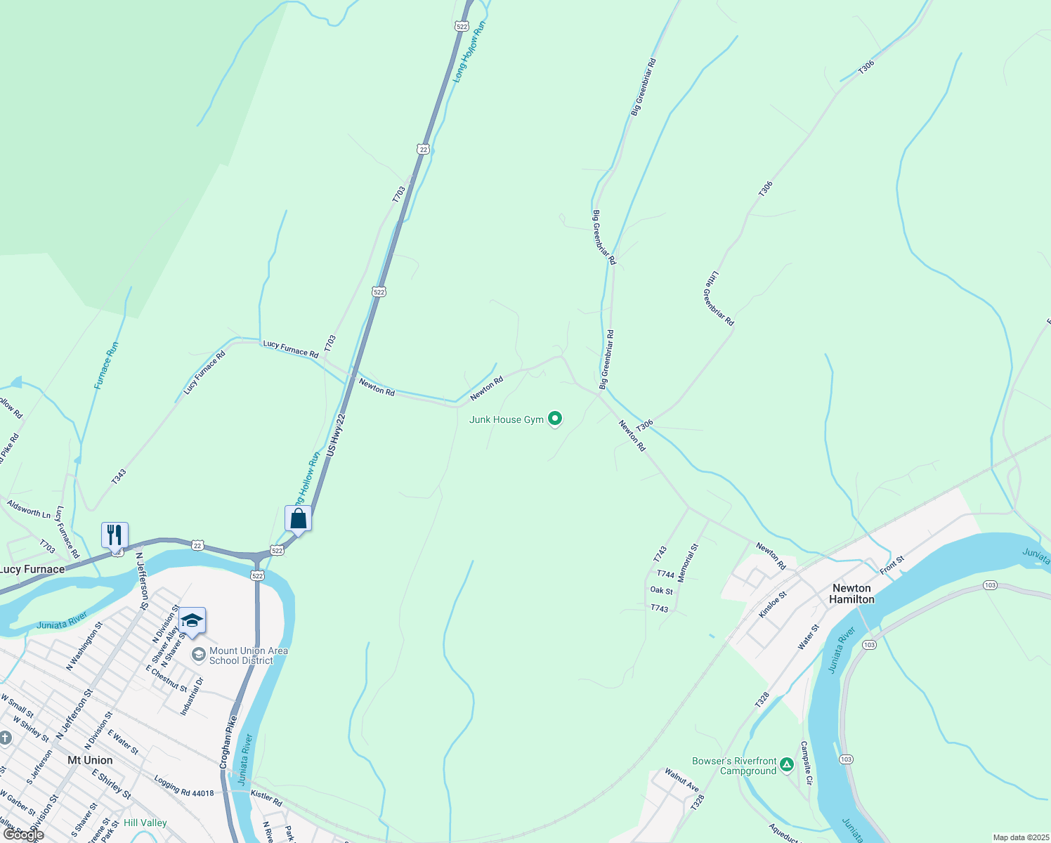 map of restaurants, bars, coffee shops, grocery stores, and more near Mostoller Drive in Mifflin County