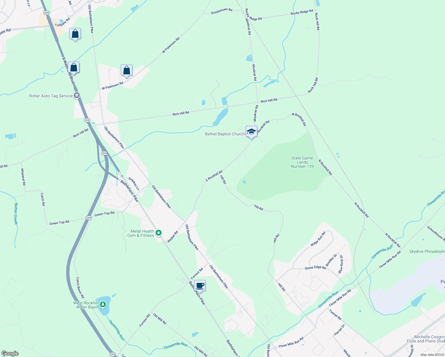 map of restaurants, bars, coffee shops, grocery stores, and more near 2551 Hill Rd in Sellersville