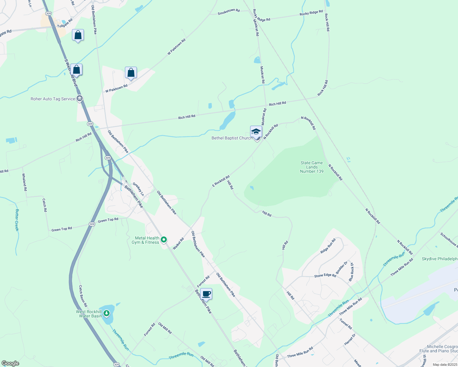 map of restaurants, bars, coffee shops, grocery stores, and more near 2554 Hill Road in Sellersville
