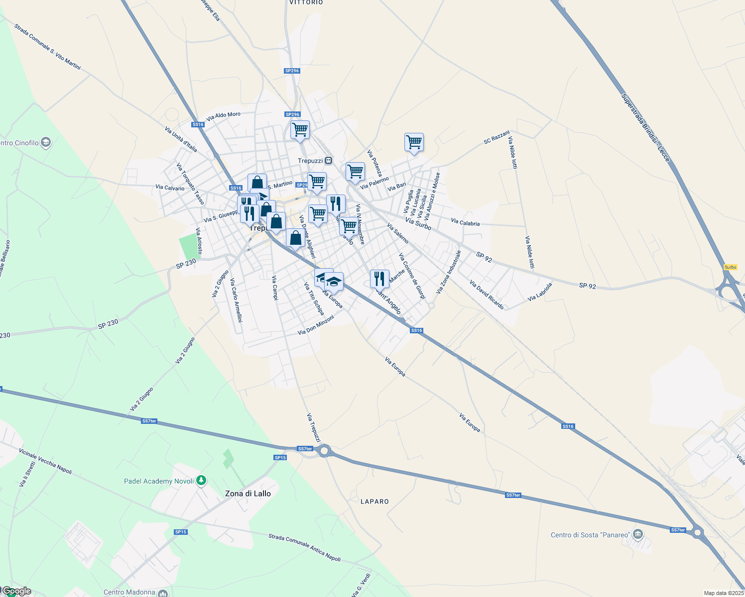 map of restaurants, bars, coffee shops, grocery stores, and more near 227A Via Sant'Angelo in Trepuzzi