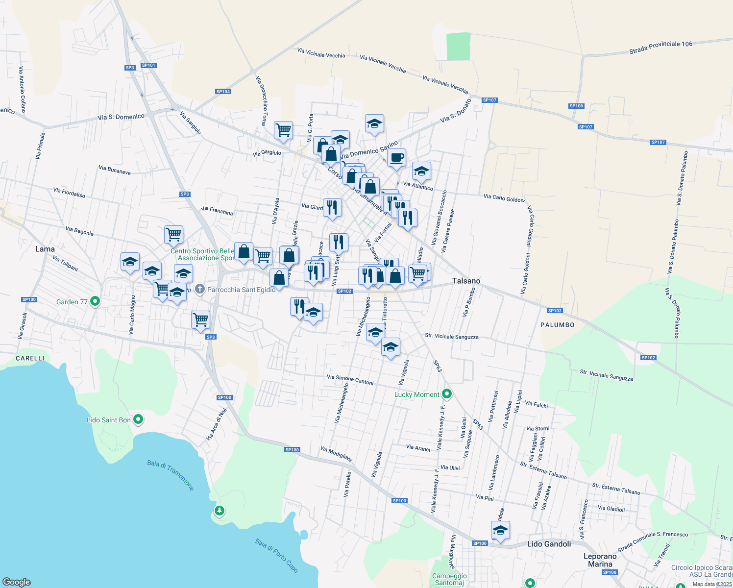 map of restaurants, bars, coffee shops, grocery stores, and more near 35-43 Via Borromini in Taranto
