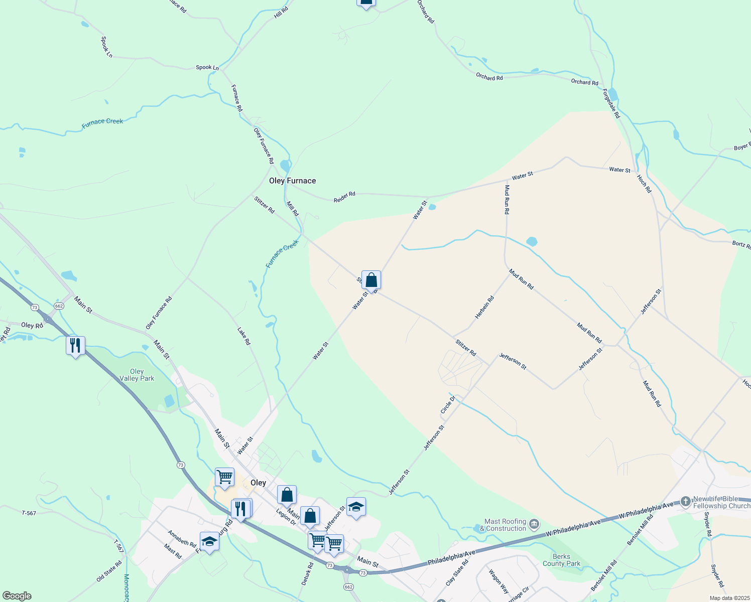 map of restaurants, bars, coffee shops, grocery stores, and more near 124 Stitzer Road in Oley