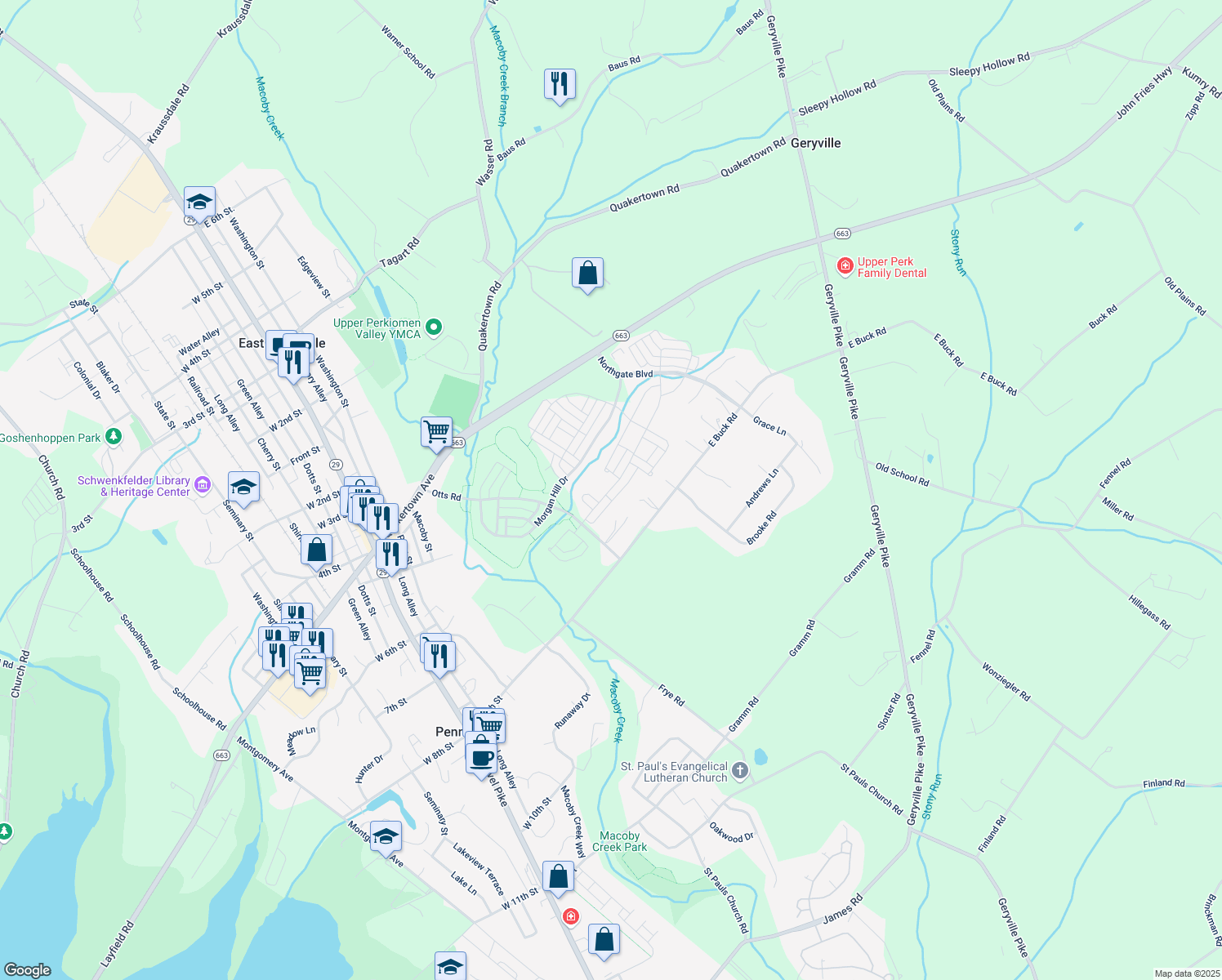 map of restaurants, bars, coffee shops, grocery stores, and more near 2220 Sunnyvale Drive in Pennsburg