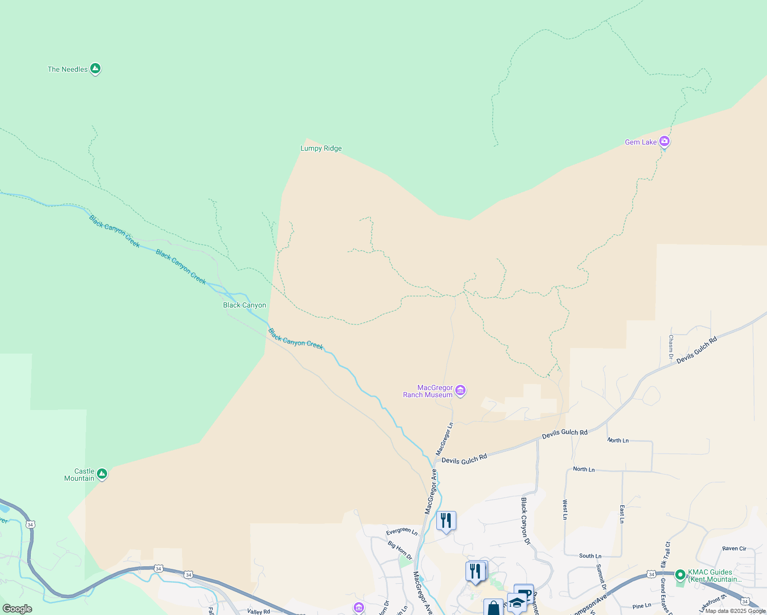 map of restaurants, bars, coffee shops, grocery stores, and more near 180 Macgregor Avenue in Estes Park