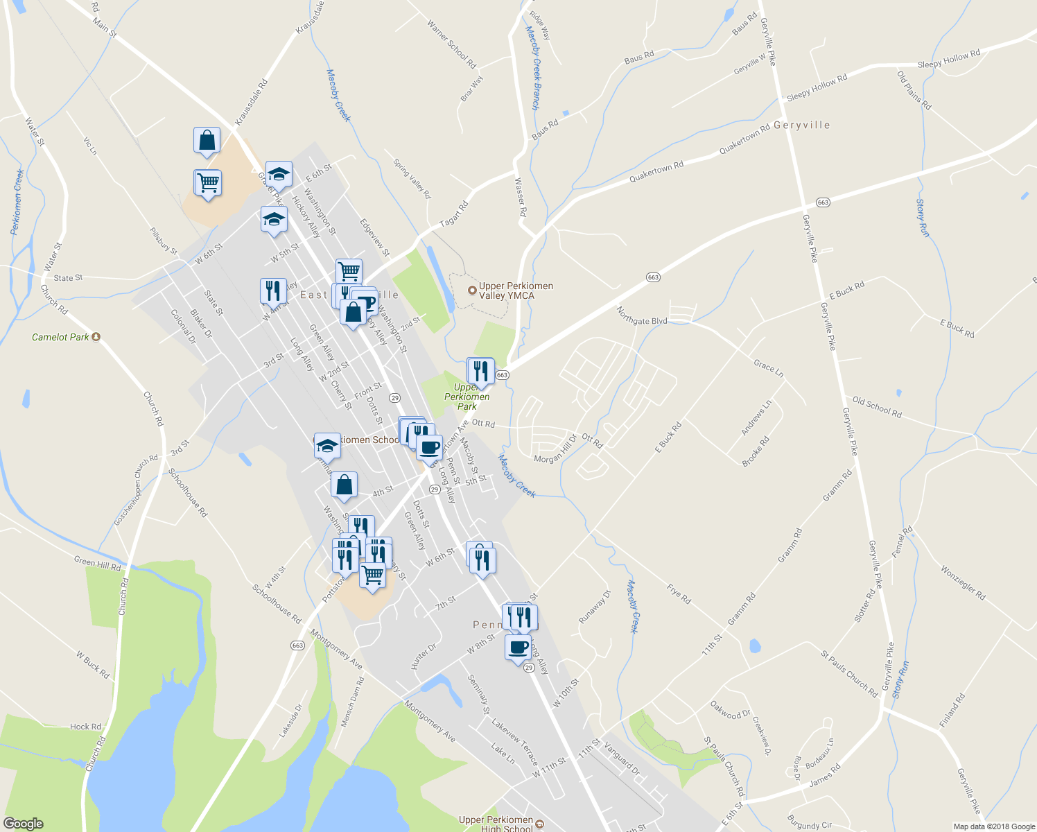 map of restaurants, bars, coffee shops, grocery stores, and more near 2021 Morgan Hill Drive in Pennsburg