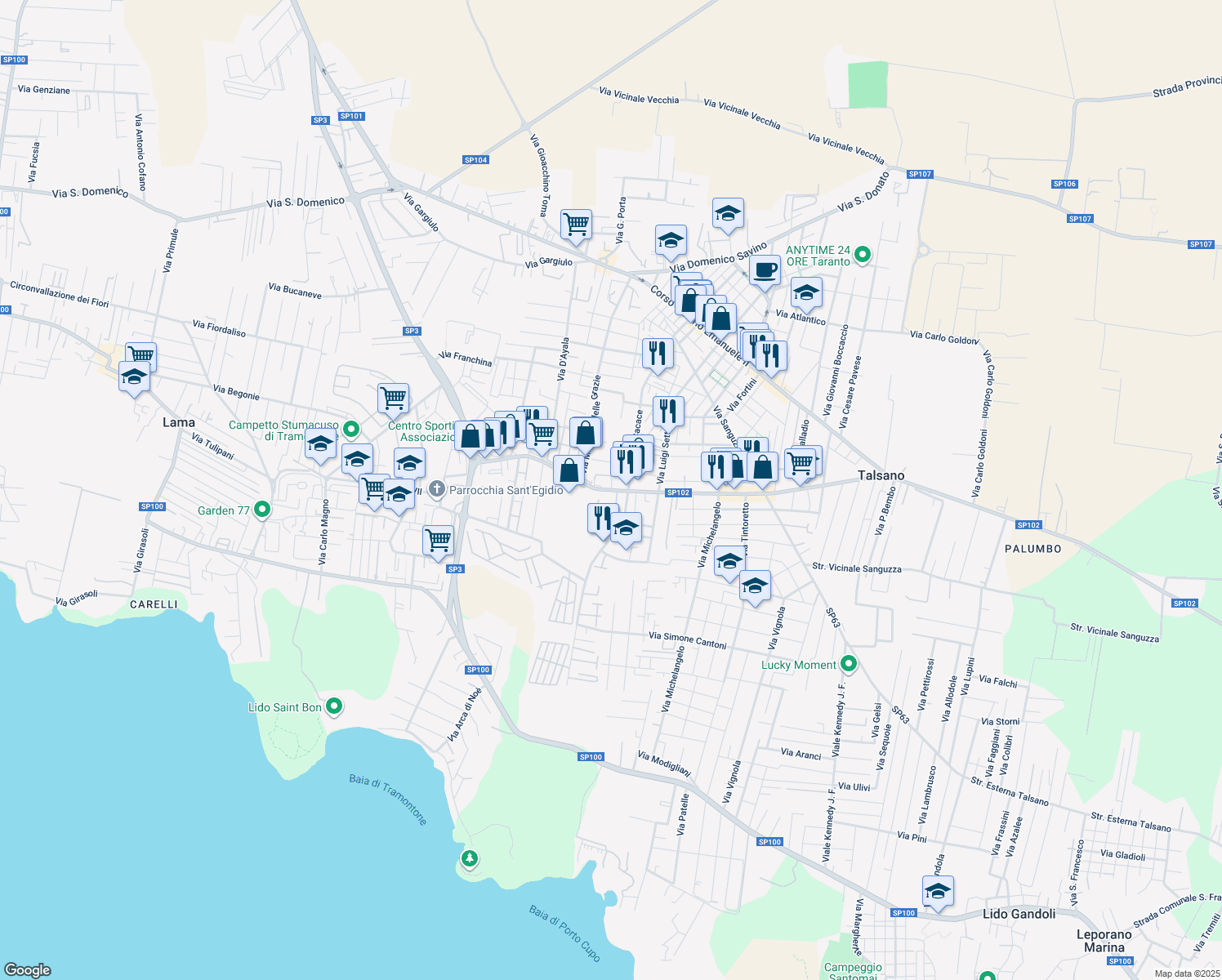 map of restaurants, bars, coffee shops, grocery stores, and more near 180 Viale Europa in Taranto