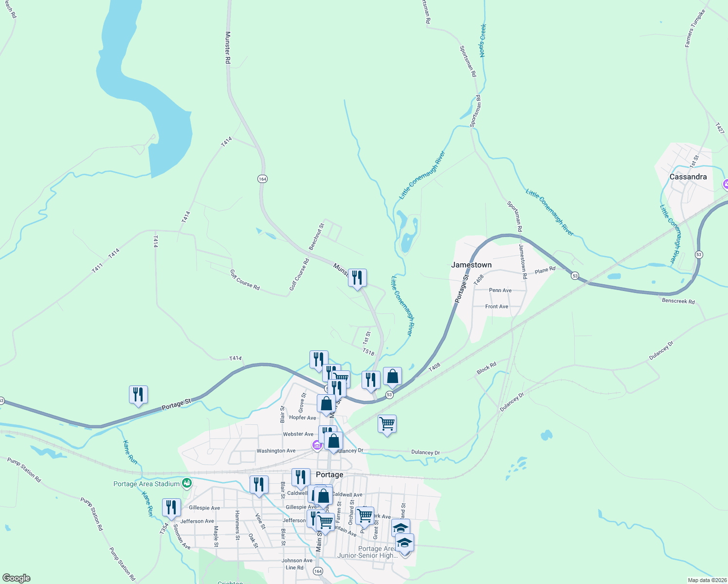 map of restaurants, bars, coffee shops, grocery stores, and more near 299 Munster Road in Portage