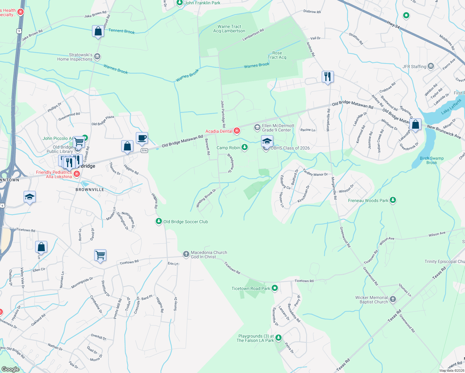 map of restaurants, bars, coffee shops, grocery stores, and more near 23 Kara Court in Matawan