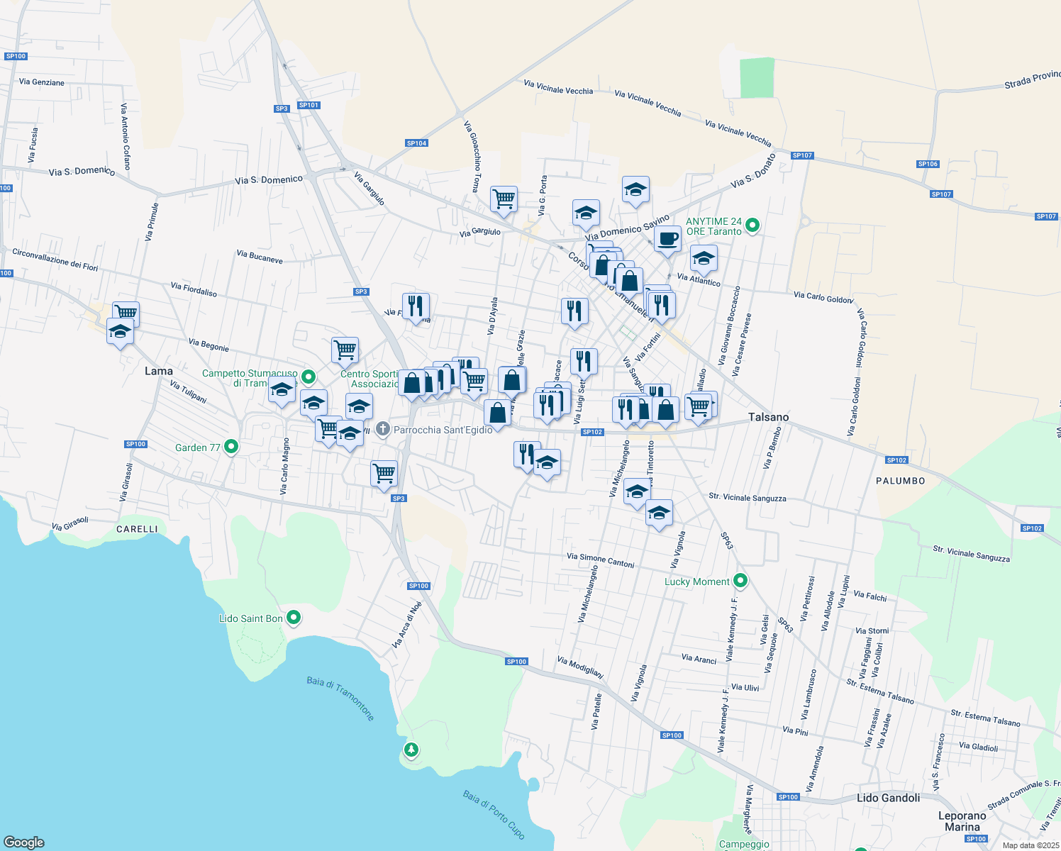 map of restaurants, bars, coffee shops, grocery stores, and more near 180 Viale Europa in Taranto
