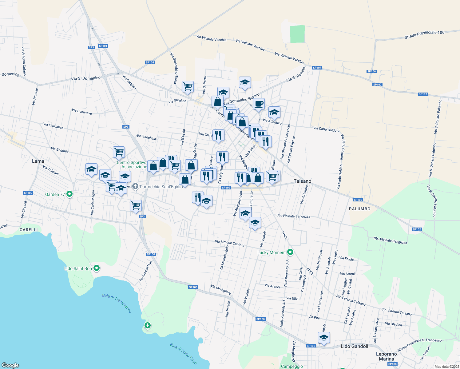 map of restaurants, bars, coffee shops, grocery stores, and more near 43 Via Borromini in Taranto