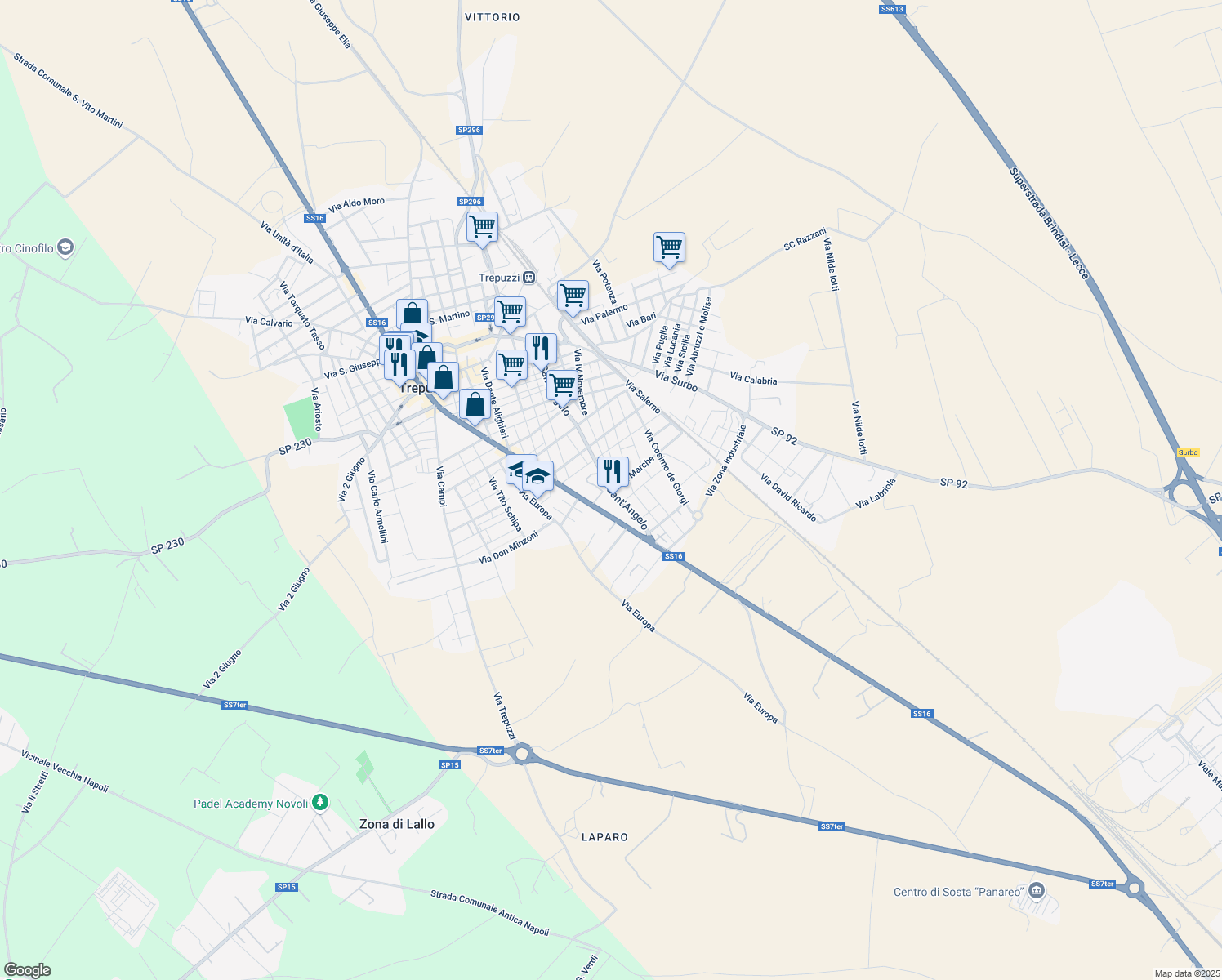 map of restaurants, bars, coffee shops, grocery stores, and more near 227A Via Sant'Angelo in Trepuzzi