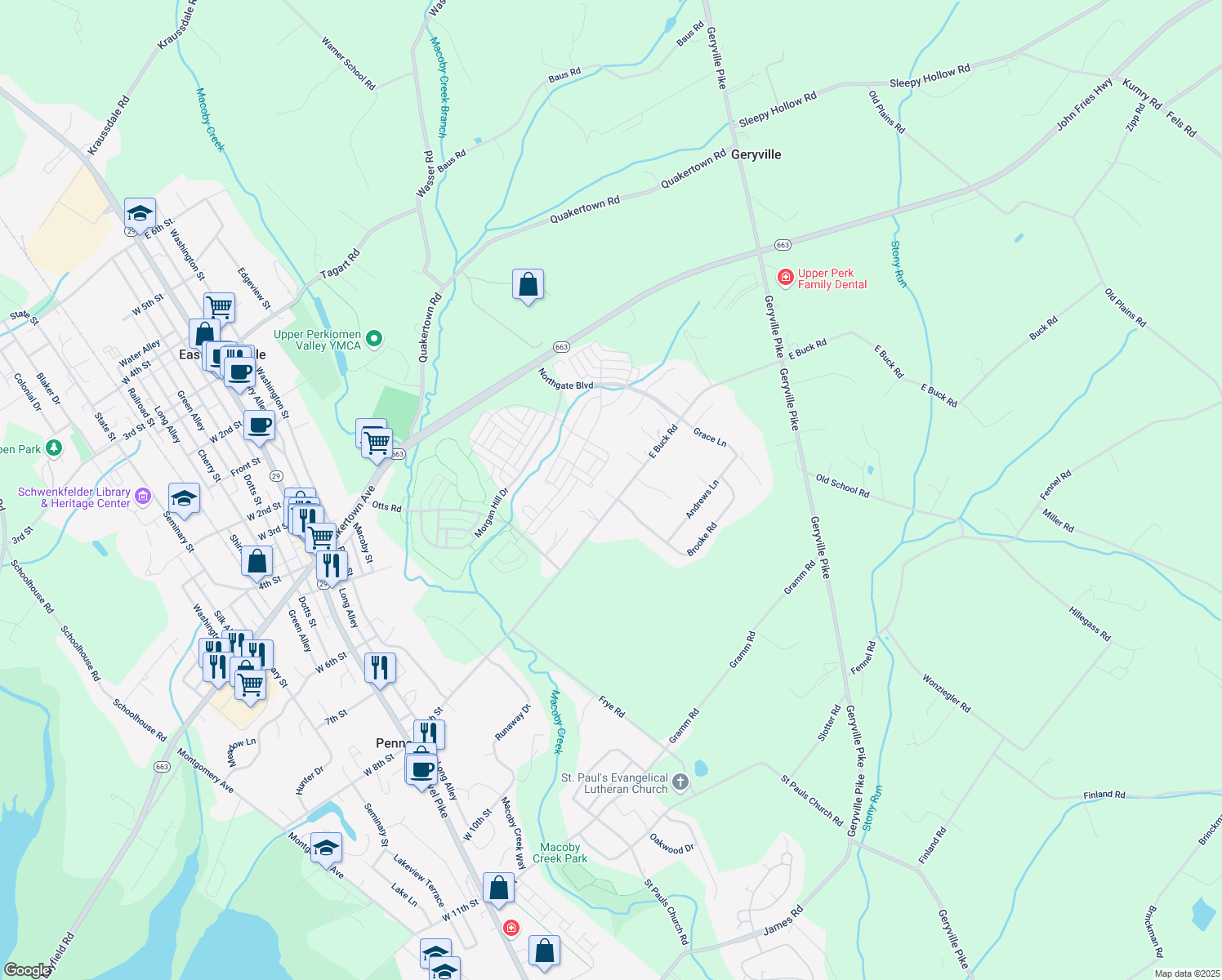 map of restaurants, bars, coffee shops, grocery stores, and more near 2273 East Buck Road in Pennsburg