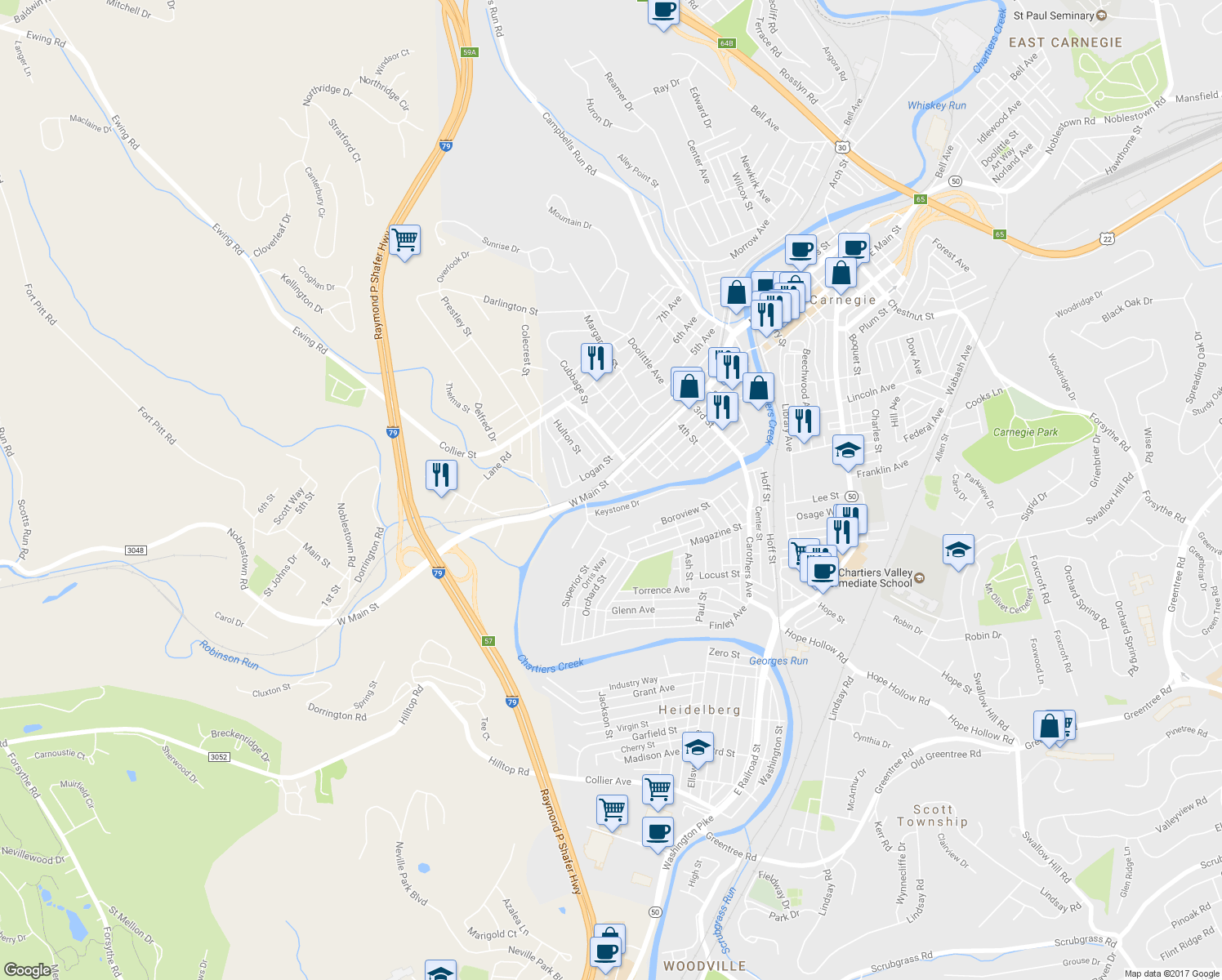 map of restaurants, bars, coffee shops, grocery stores, and more near 803 West Main Street in Carnegie
