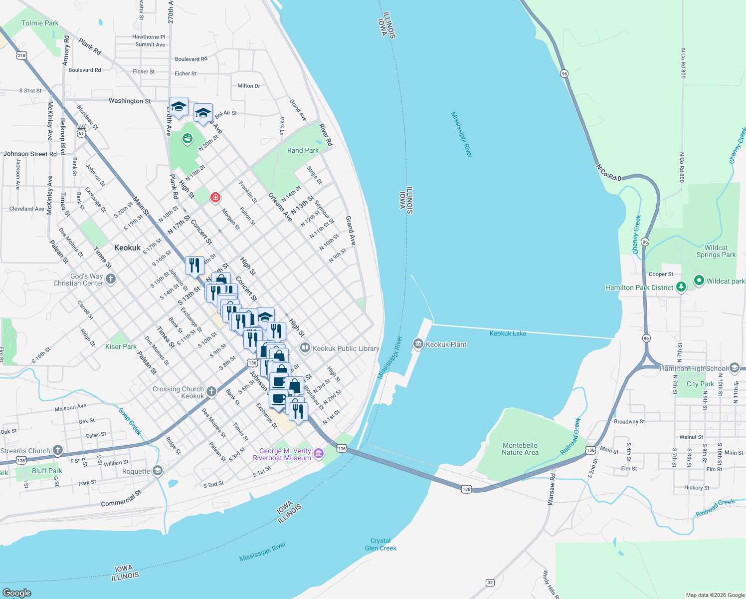 map of restaurants, bars, coffee shops, grocery stores, and more near 11 Park Place in Keokuk