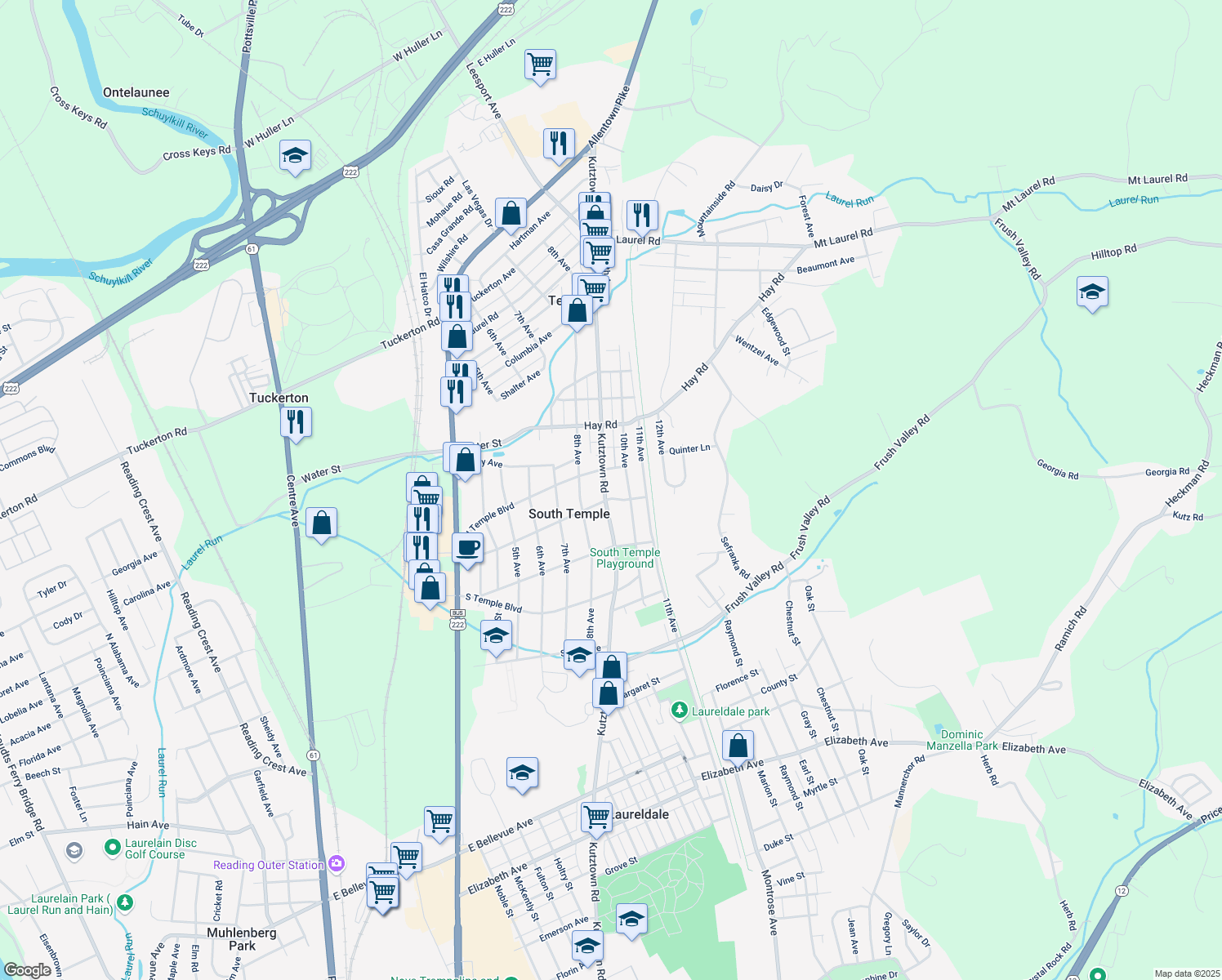 map of restaurants, bars, coffee shops, grocery stores, and more near 4311 Kutztown Road in Temple