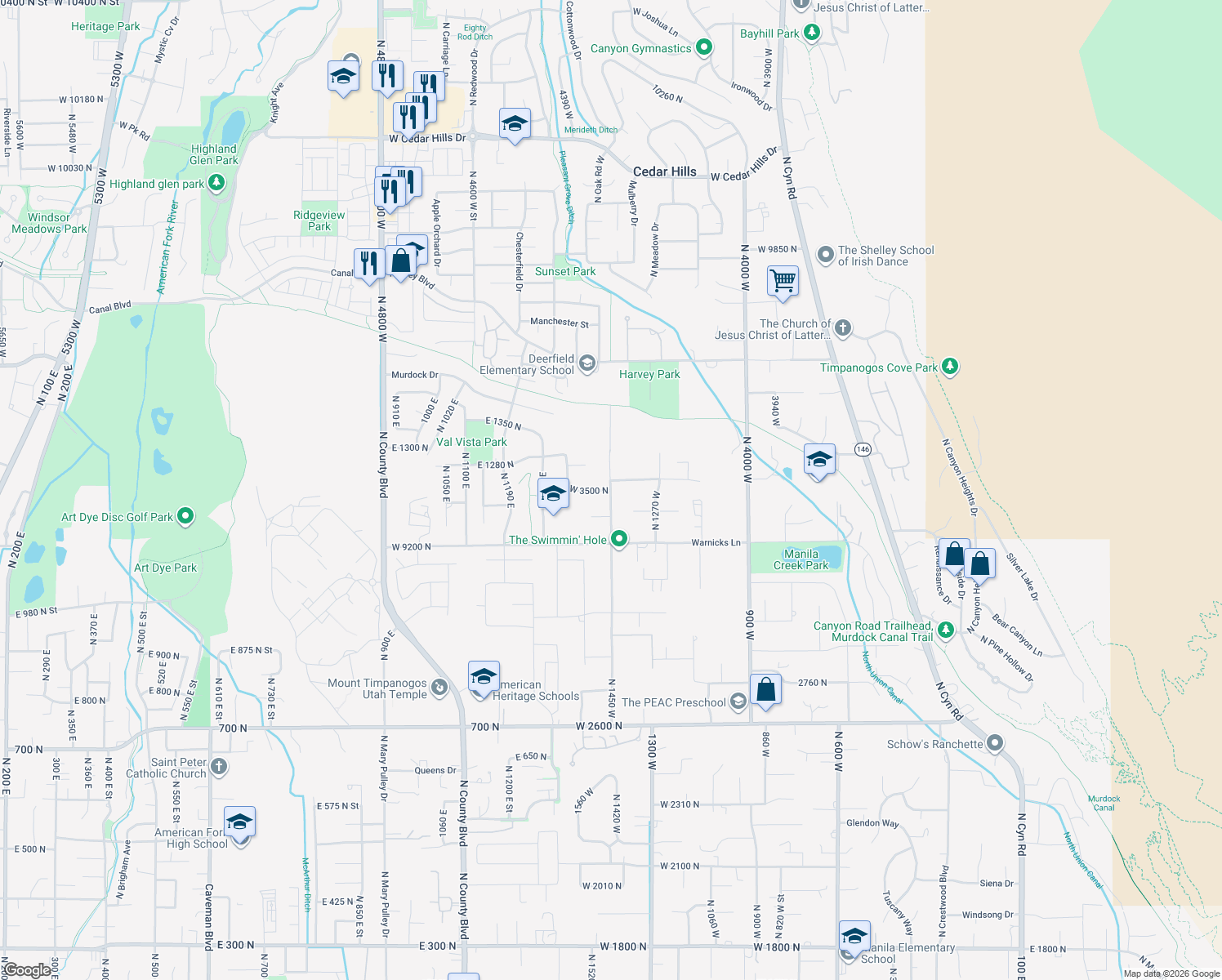 map of restaurants, bars, coffee shops, grocery stores, and more near 3518 North 1450 West in Pleasant Grove