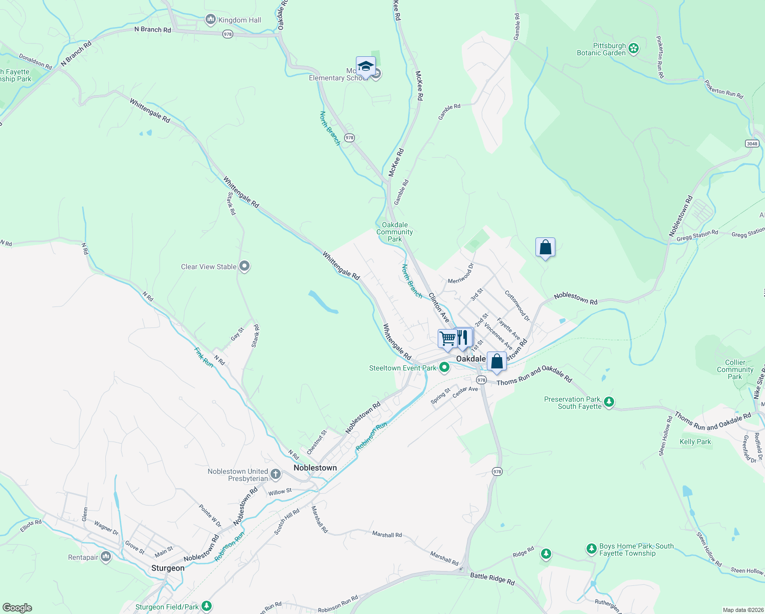 map of restaurants, bars, coffee shops, grocery stores, and more near 402 Whittengale Road in Oakdale