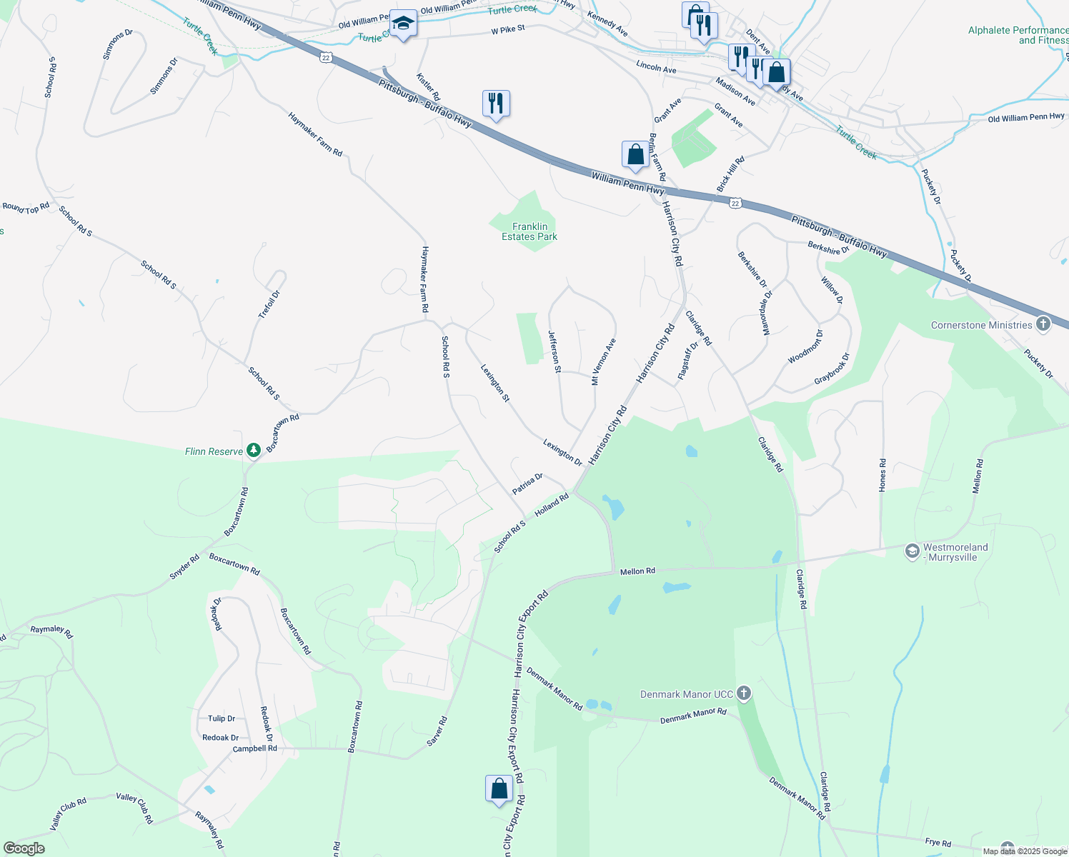 map of restaurants, bars, coffee shops, grocery stores, and more near 1000 Lexington Street in Murrysville