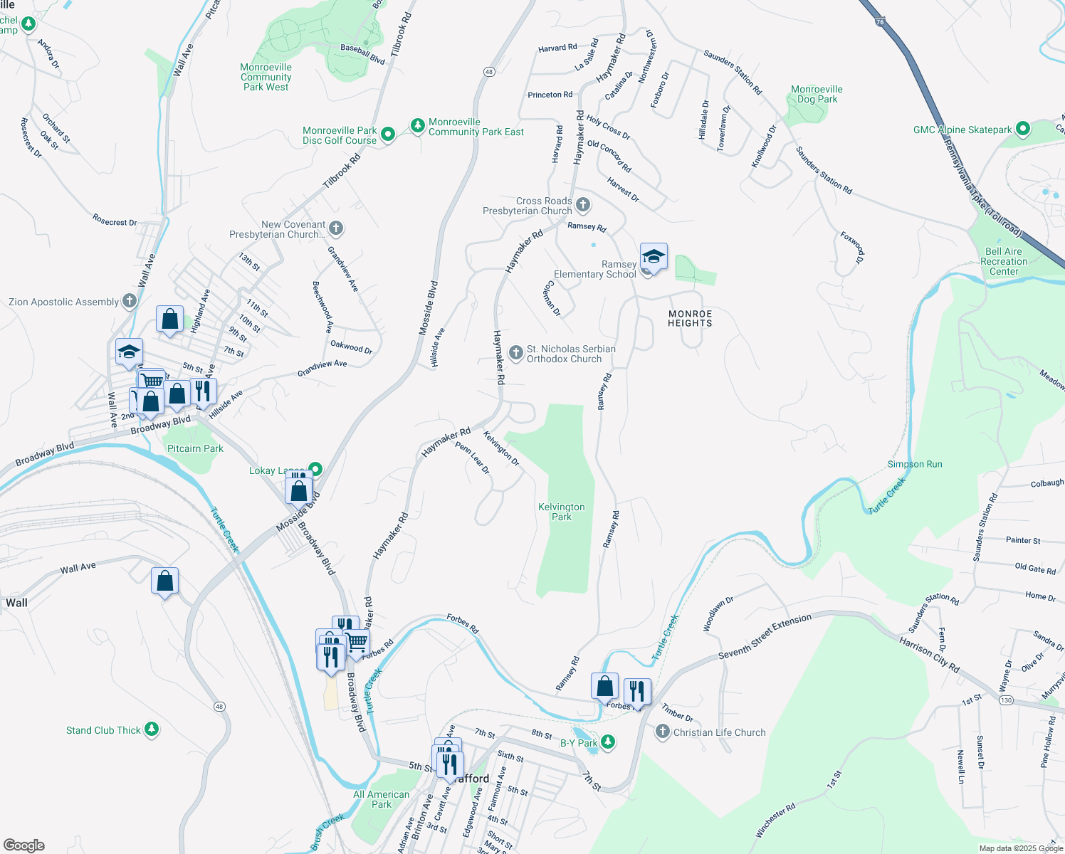 map of restaurants, bars, coffee shops, grocery stores, and more near 127 Mayberry Dr in Monroeville