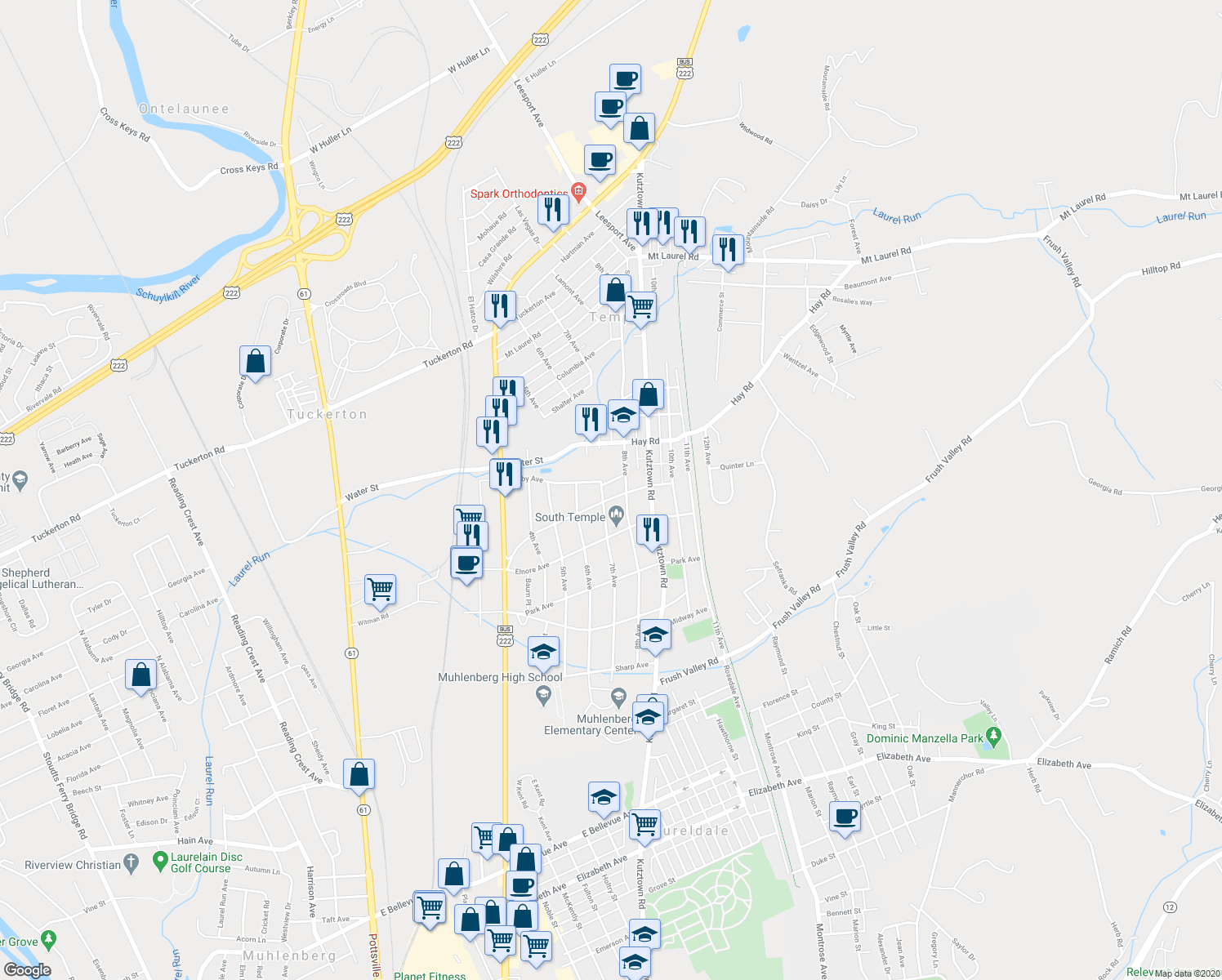 map of restaurants, bars, coffee shops, grocery stores, and more near 715 North Temple Boulevard in Temple