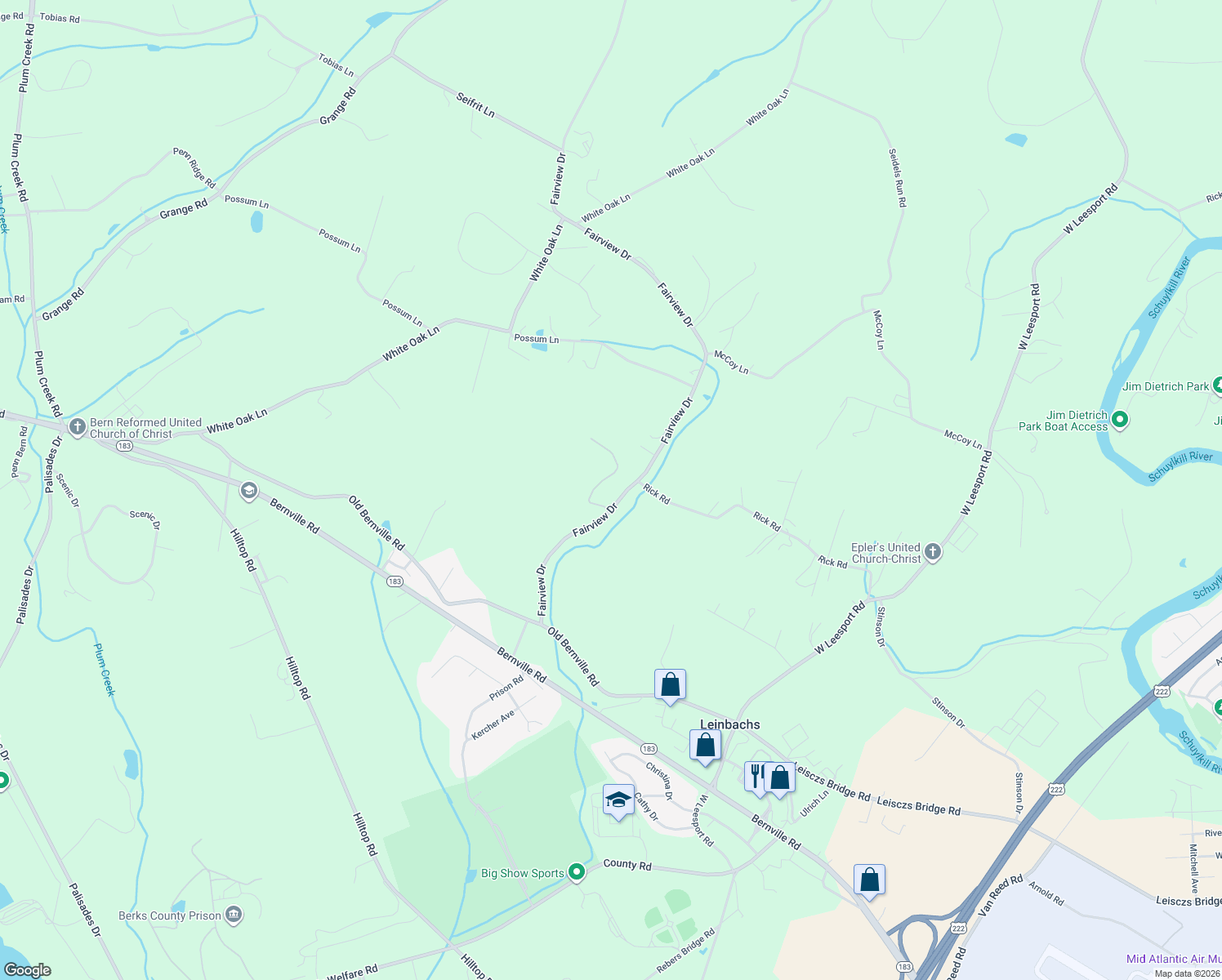 map of restaurants, bars, coffee shops, grocery stores, and more near 1136 Fairview Drive in Reading