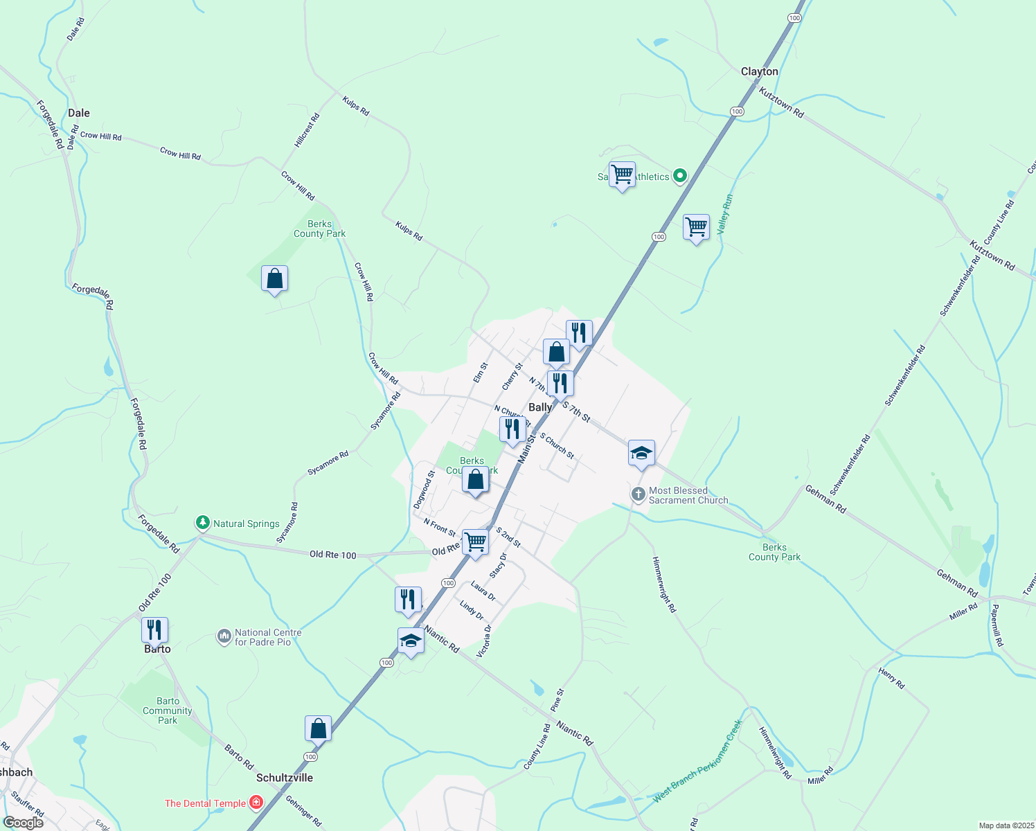 map of restaurants, bars, coffee shops, grocery stores, and more near 103 North Church Street in Bally