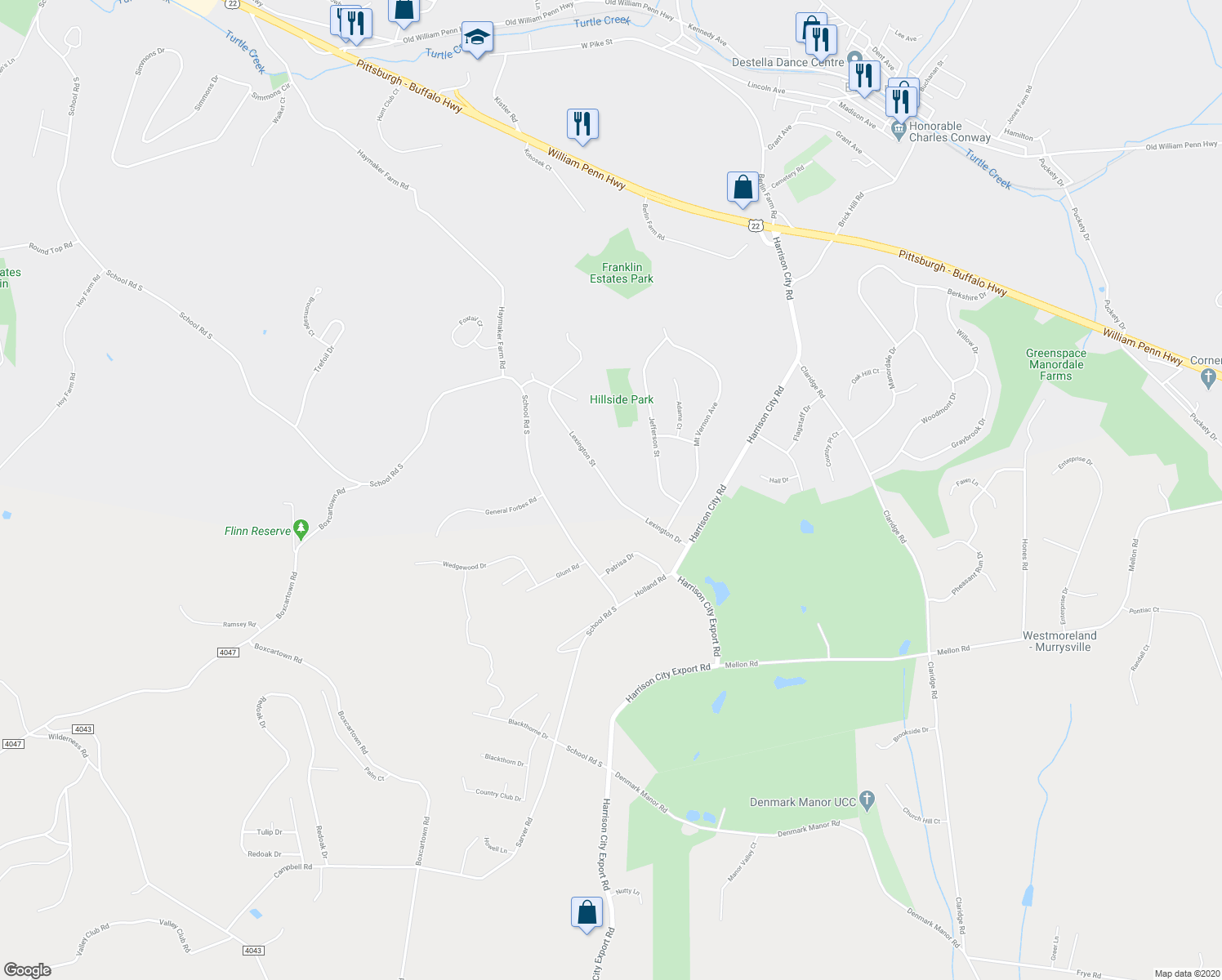 map of restaurants, bars, coffee shops, grocery stores, and more near Lexington Drive in Murrysville