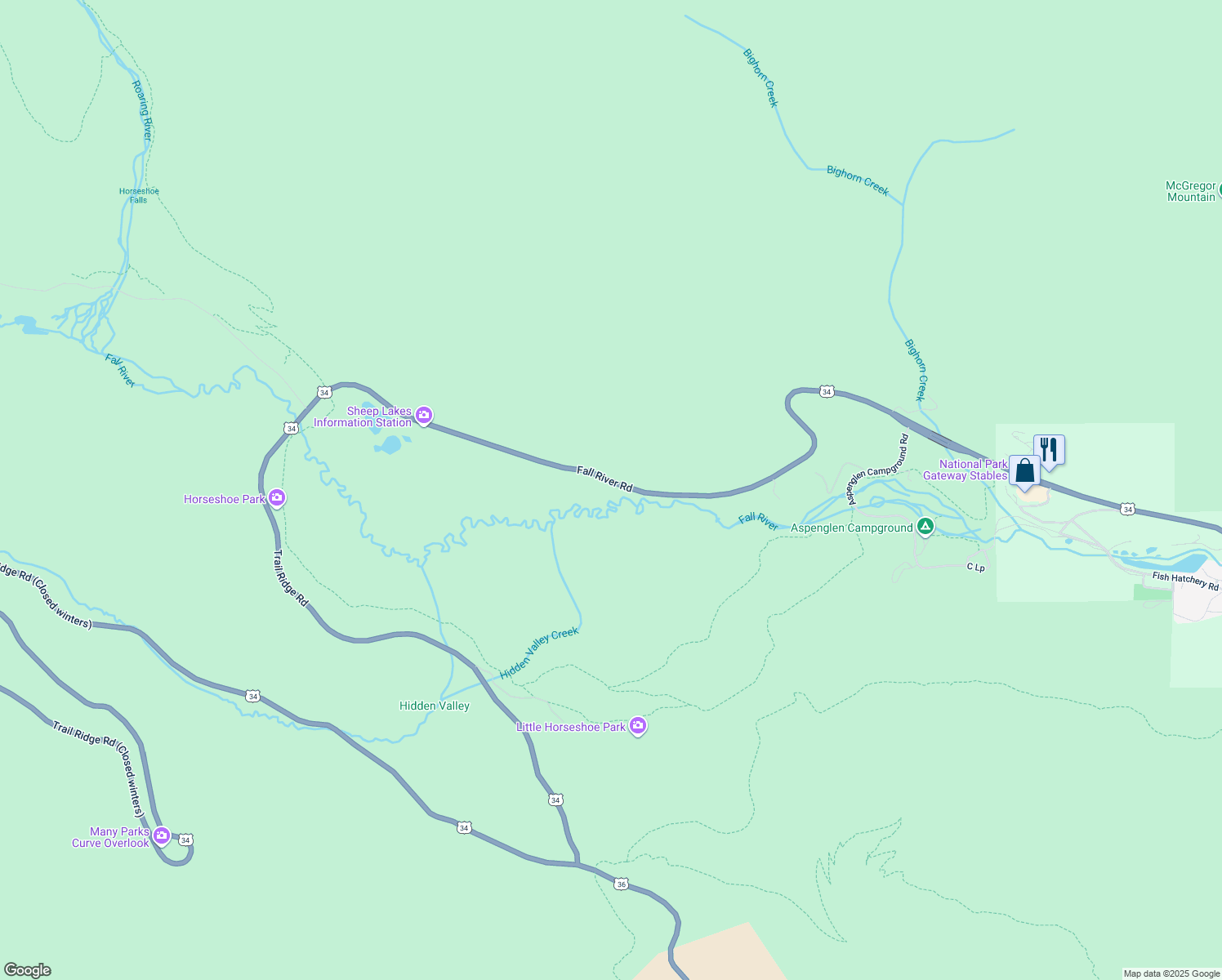 map of restaurants, bars, coffee shops, grocery stores, and more near 3917-3997 Fall River Road in Estes Park
